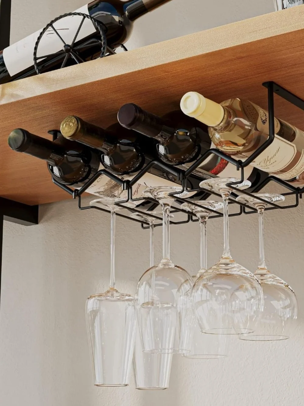 Set of 2 Under Cabinet Black Metal Wine Rack Holder 8 Bottle 12 Glass Stemware